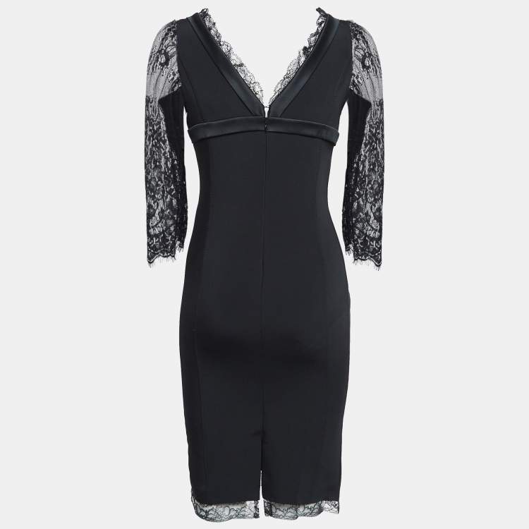 Pre Owned D&G Black Stretch Crepe Lace Trim V Neck Mini Dress S
