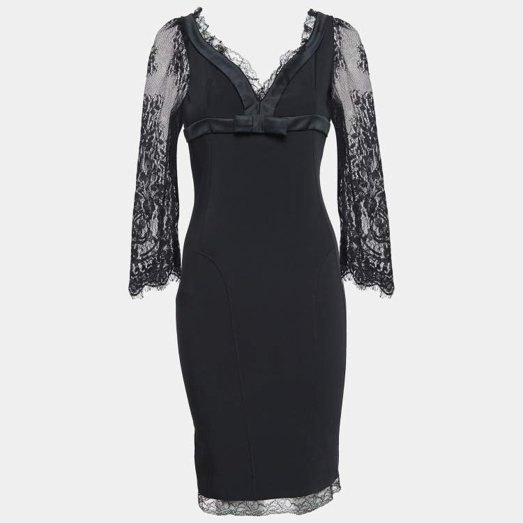 Pre Owned D&G Black Stretch Crepe Lace Trim V Neck Mini Dress S