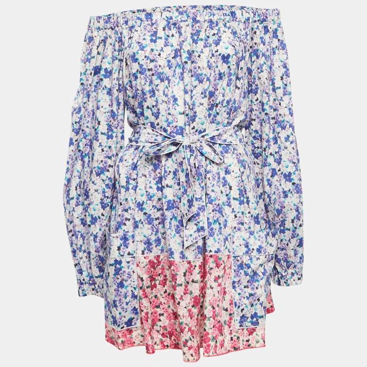 Pre Owned D&G Purple Floral Print Cotton Belted Off Shoulder Mini Dress S