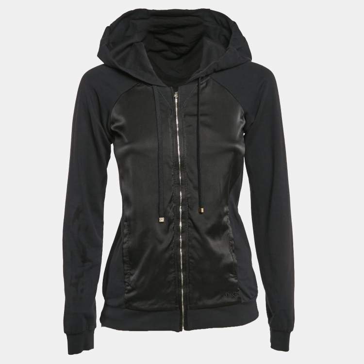 Pre Owned D&G Black Satin and Cotton Knit Zip-Up Jacket S