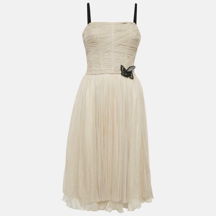 Pre Owned D&G Cream Silk Flared Sleeveless Midi Dress S