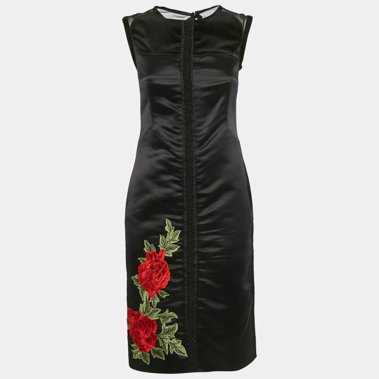 Pre Owned D&G Black Floral Applique Satin Beaded Sleeveless Short Dress S