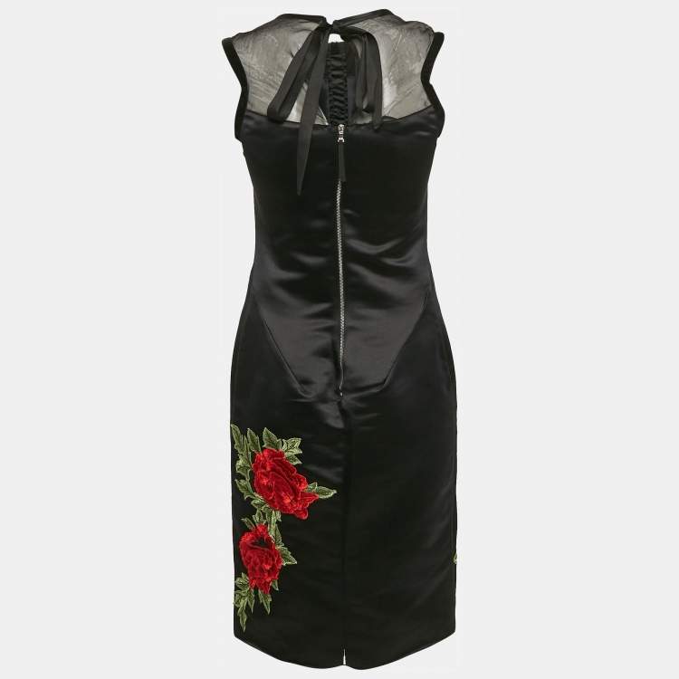 Pre Owned D&G Black Floral Applique Satin Beaded Sleeveless Short Dress S