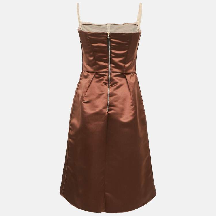 Pre Owned D&G Brown Satin Pleated Detail Mini Dress M