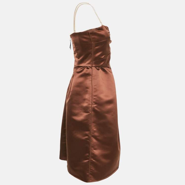Pre Owned D&G Brown Satin Pleated Detail Mini Dress M