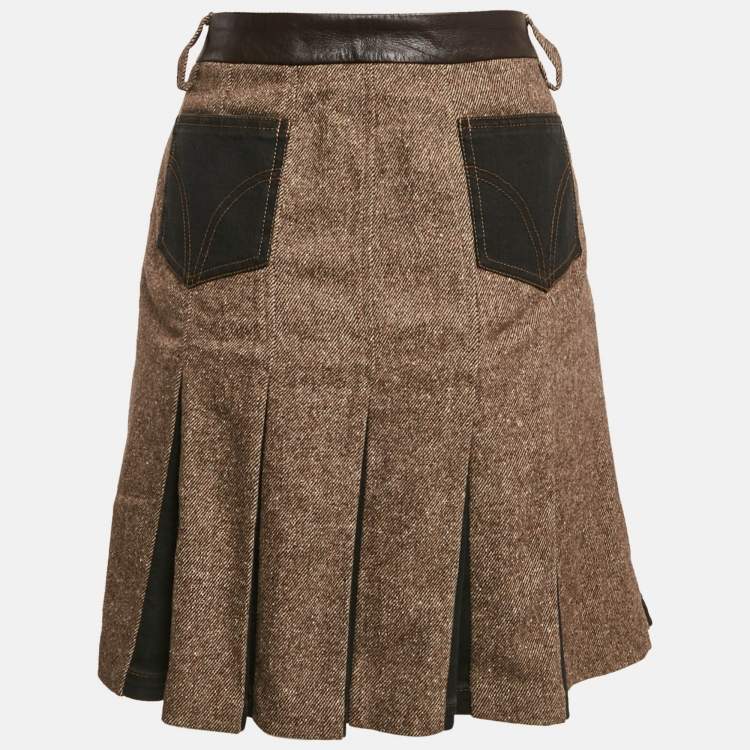 Pre Owned D&G Brown Wool and Leather Trim Pleated Mini Skirt S