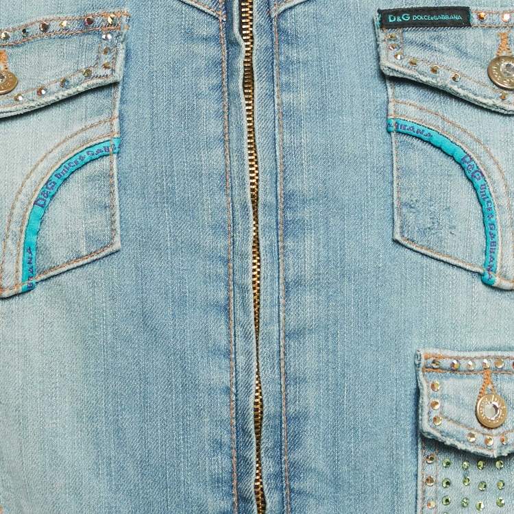 Pre Owned D&G Blue Crystal Embellished Denim Ribbed Trim Jacket S