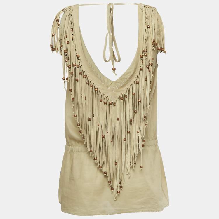 Pre Owned D&G Khaki Cotton & Suede Fringe Detail Sleeveless Top M 