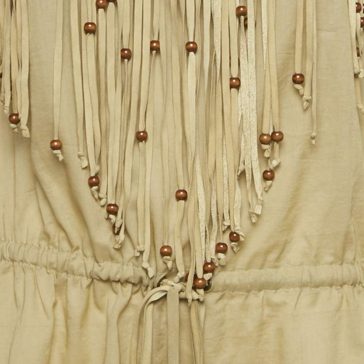 Pre Owned D&G Khaki Cotton & Suede Fringe Detail Sleeveless Top M 