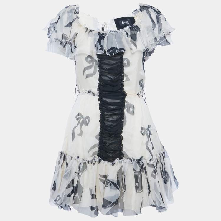 Pre Owned D&G Cream Bow Print Silk Ruffle Mini Dress S