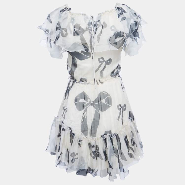 Pre Owned D&G Cream Bow Print Silk Ruffle Mini Dress S