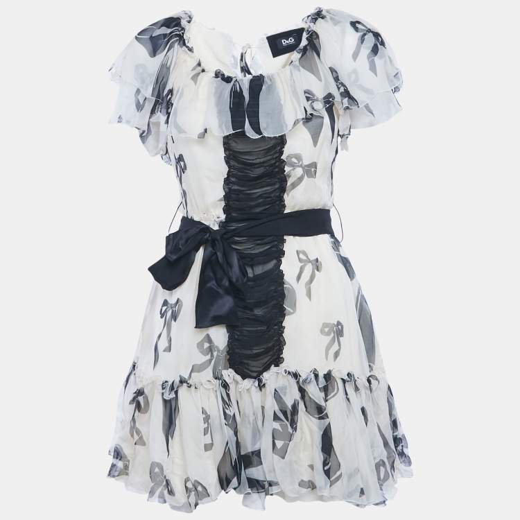 مملوكة مسبقًا D&G Cream Bow Print Silk Ruffle Mini Dress M
