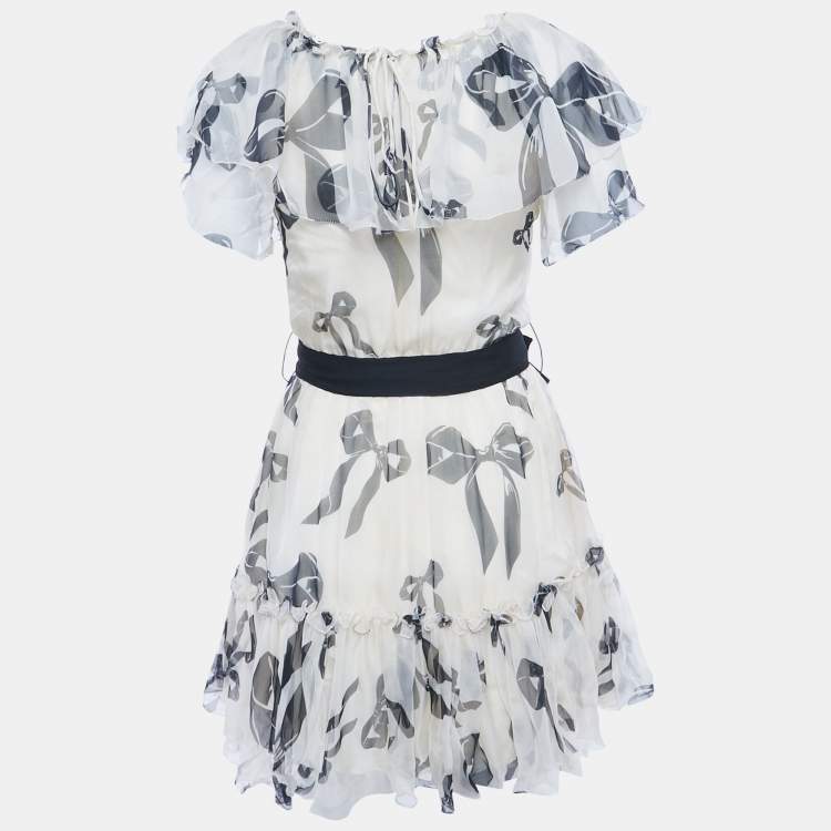 مملوكة مسبقًا D&G Cream Bow Print Silk Ruffle Mini Dress M