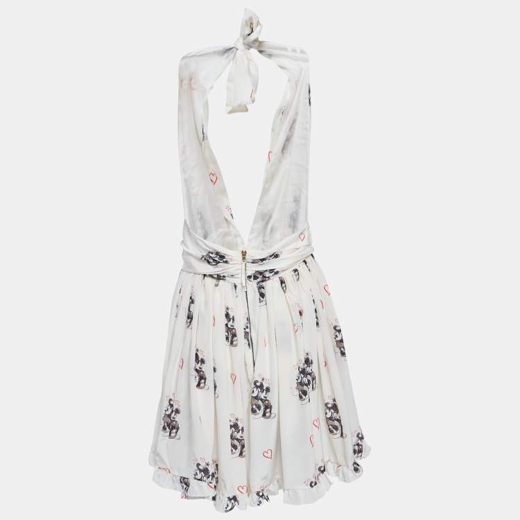 مملوكة مسبقًا D&G Cream Mickey And Minnie Mouse Print Silk Halter Neck Dress M