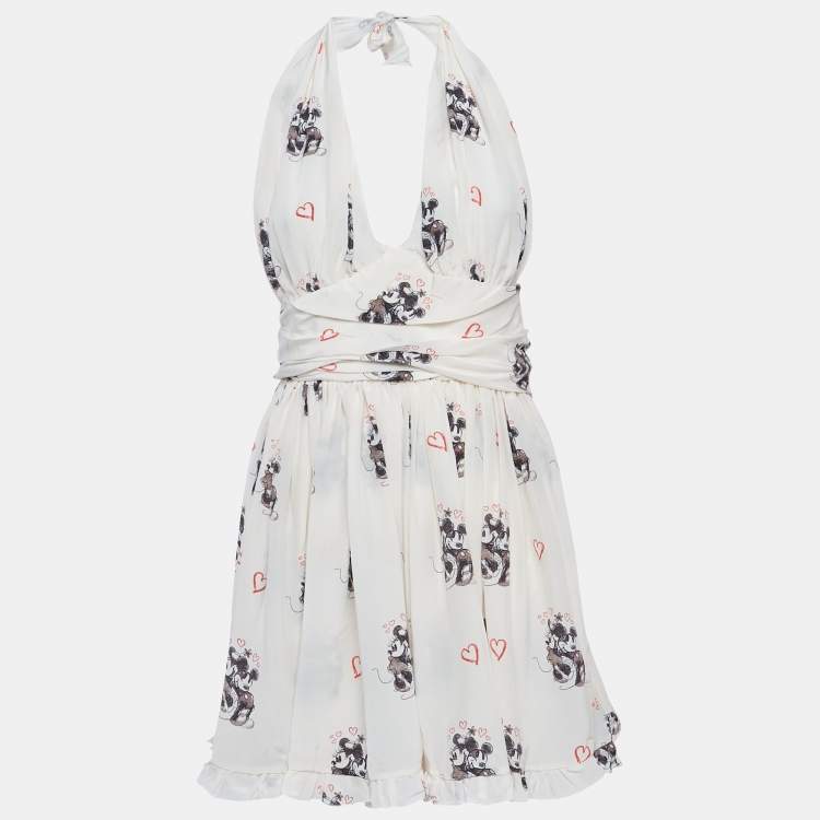 مملوكة مسبقًا D&G Cream Mickey And Minnie Mouse Print Silk Halter Neck Dress S