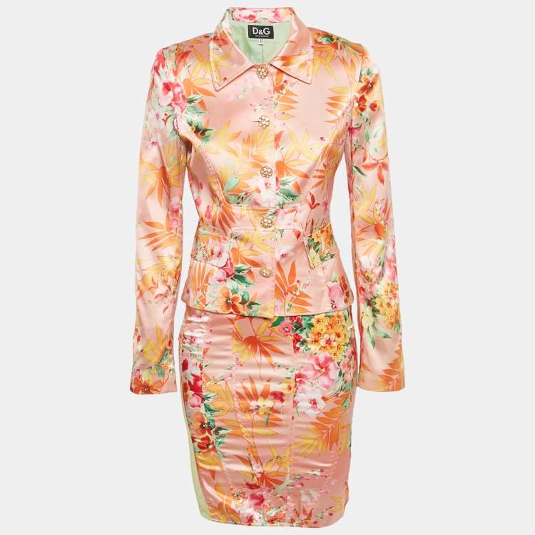 Pre Owned D&G Pink Floral Printed Satin Jacket & Skirt Set M
