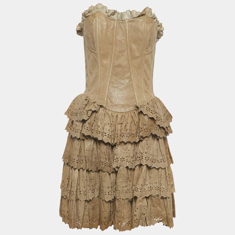 مملوكة مسبقًا  D&G Beige Leather Eyelet Strapless Mini Dress M