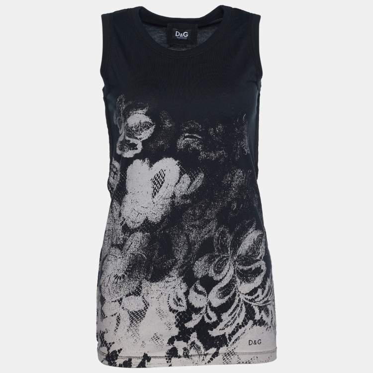 Pre Owned D&G Vintage Black Jersey Lace Foil Print Tank Top XS