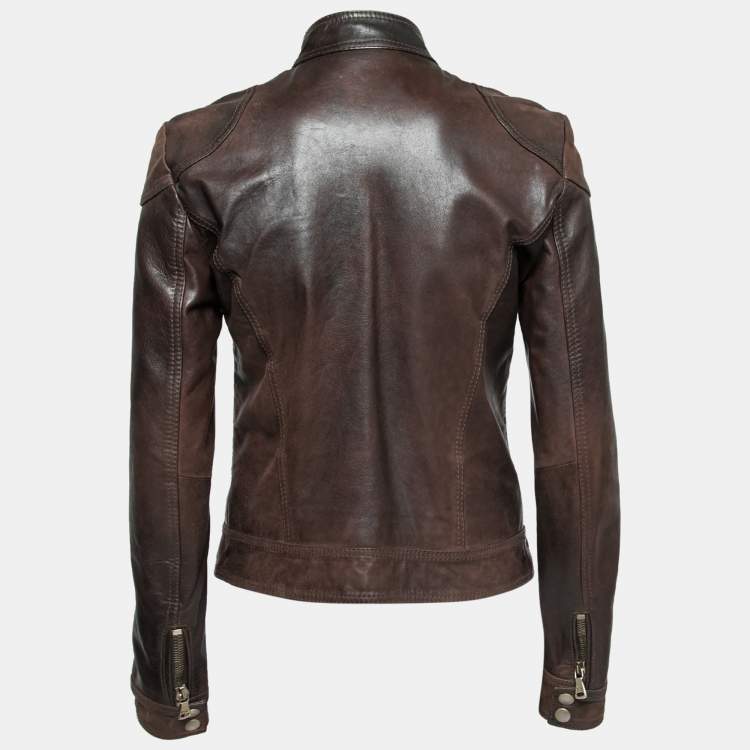 Pre Owned D&G Brown Leather Long Sleeve Jacket S