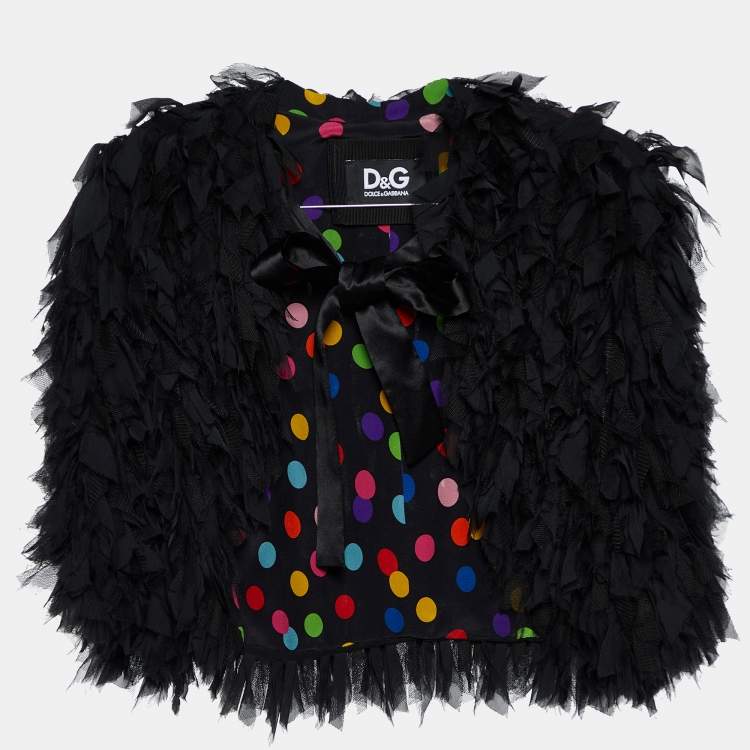 Pre Owned D&G Black Silk & Mesh Ruffled Neck Tie Cropped Cape Jacket M