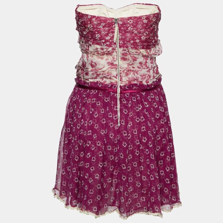 Pre Owned D&G Purple Floral Printed Silk Chiffon Tie Detail Strapless Mini Dress S