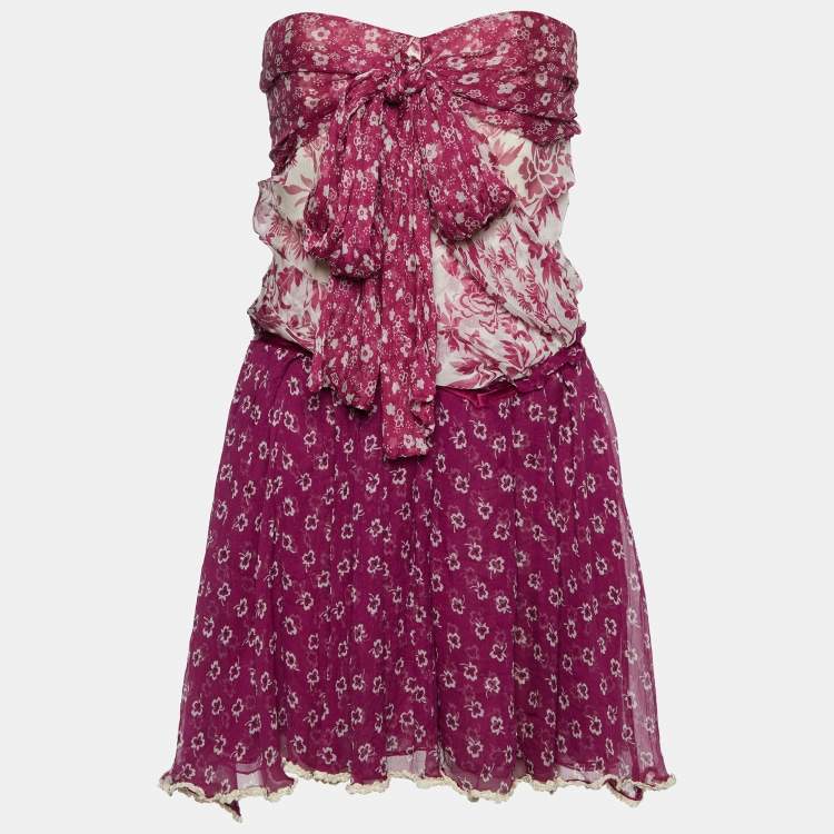 Pre Owned D&G Purple Floral Printed Silk Chiffon Tie Detail Strapless Mini Dress S