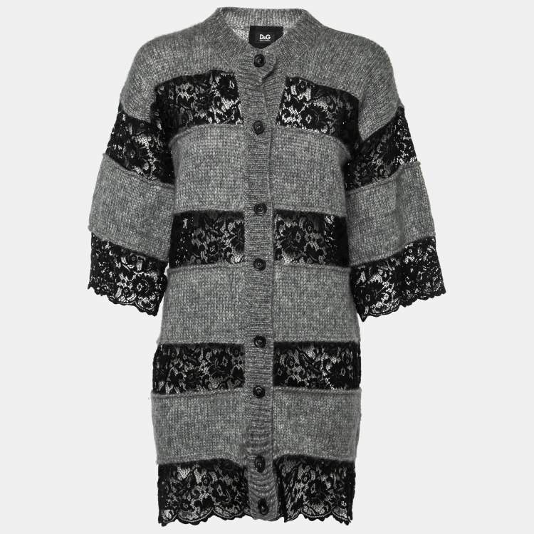 Pre Owned D&G Grey Mohair Wool Contrast Lace Cardigan M