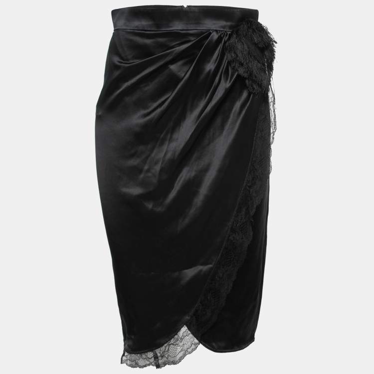 Pre Owned D&G Black Silk Satin Lace Trimmed Draped Skirt M