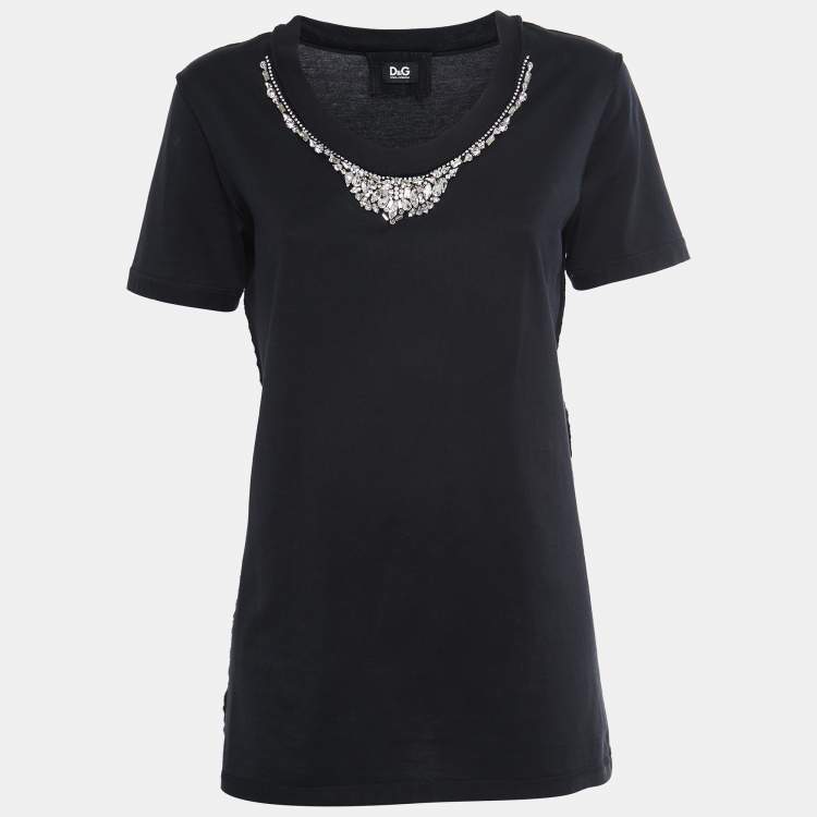 Pre Owned D&G Black Cotton Rhinestone Embellished T-Shirt M