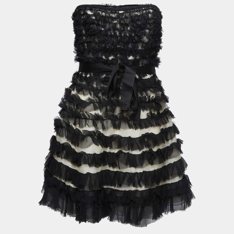 Pre Owned D&G Black Silk Ruffled Belted Strapless Mini Dress M