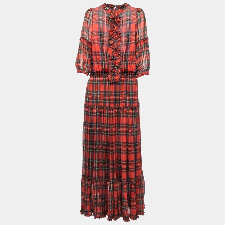 Pre Owned D&G Red Tartan Printed Silk Ruffled Tiered Maxi Dress M
