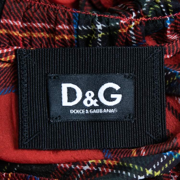 Pre Owned D&G Red Tartan Printed Silk Ruffled Tiered Maxi Dress M