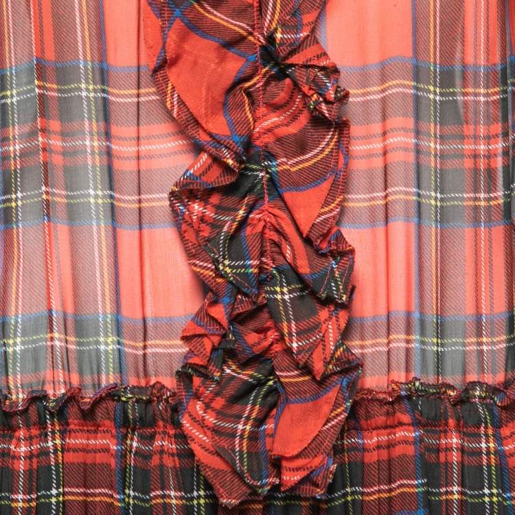 Pre Owned D&G Red Tartan Printed Silk Ruffled Tiered Maxi Dress M