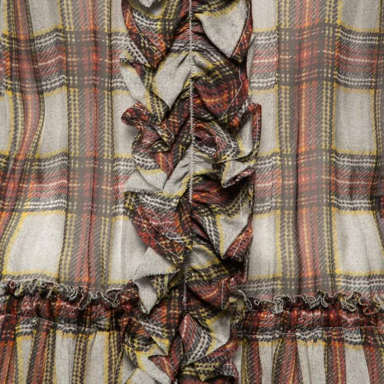 Pre Owned D&G Grey Checked Chiffon Silk Ruffled Tiered Maxi Dress M