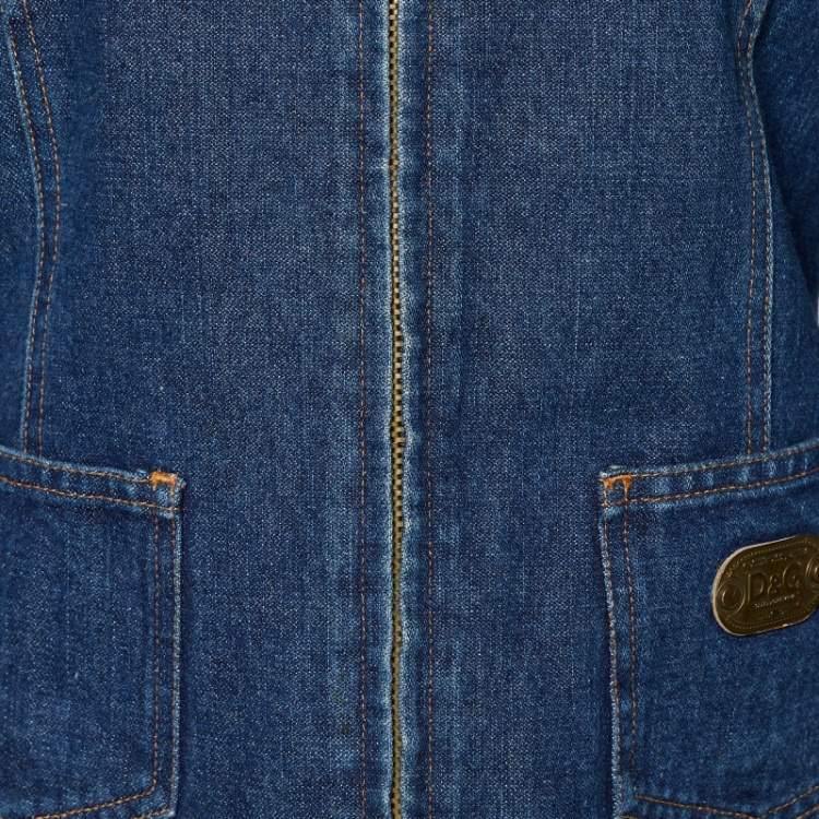 Pre Owned D&G Blue Denim Leather Trim Detail Zip Front Jacket M