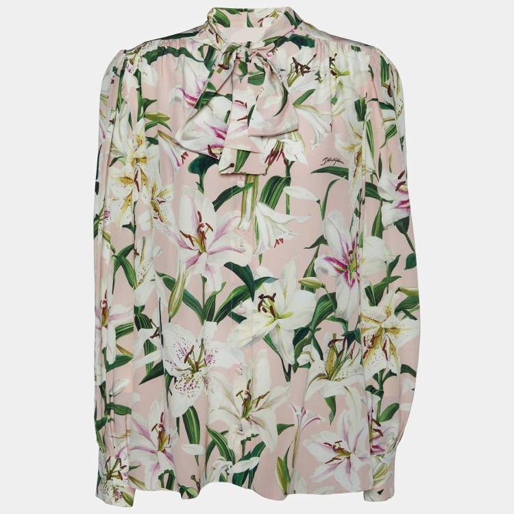 Pre Owned Dolce & Gabbana Pink Floral Printed Silk Neck Tie Detail Shirt L
