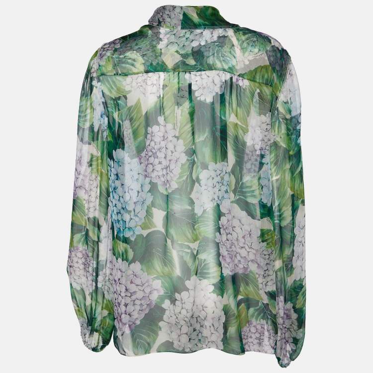 Pre Owned Dolce & Gabbana Green Hydrangea Printed Silk Neck Tie Detail Sheer Top L