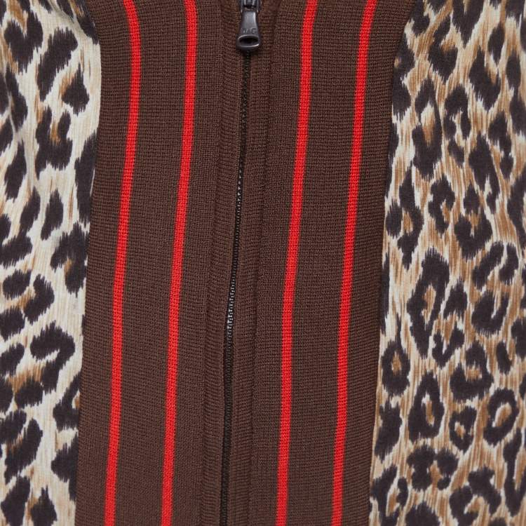 Pre Owned D&G Brown leopard Printed Cotton Knit V-Neck Crop Jacket L