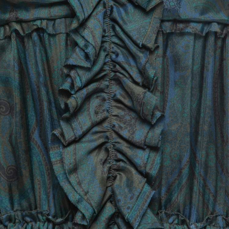 Pre Owned D&G Green/Blue Paisley Printed Silk Chiffon Ruffled Midi Dress M
