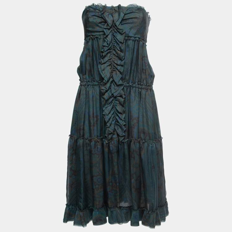 Pre Owned D&G Green/Blue Paisley Printed Silk Chiffon Ruffled Midi Dress M