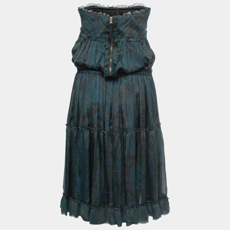 Pre Owned D&G Green/Blue Paisley Printed Silk Chiffon Ruffled Midi Dress M
