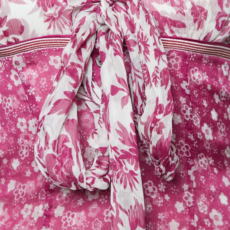 Pre Owned D&G Pink Floral Printed Silk Neck Tie Detail Top S