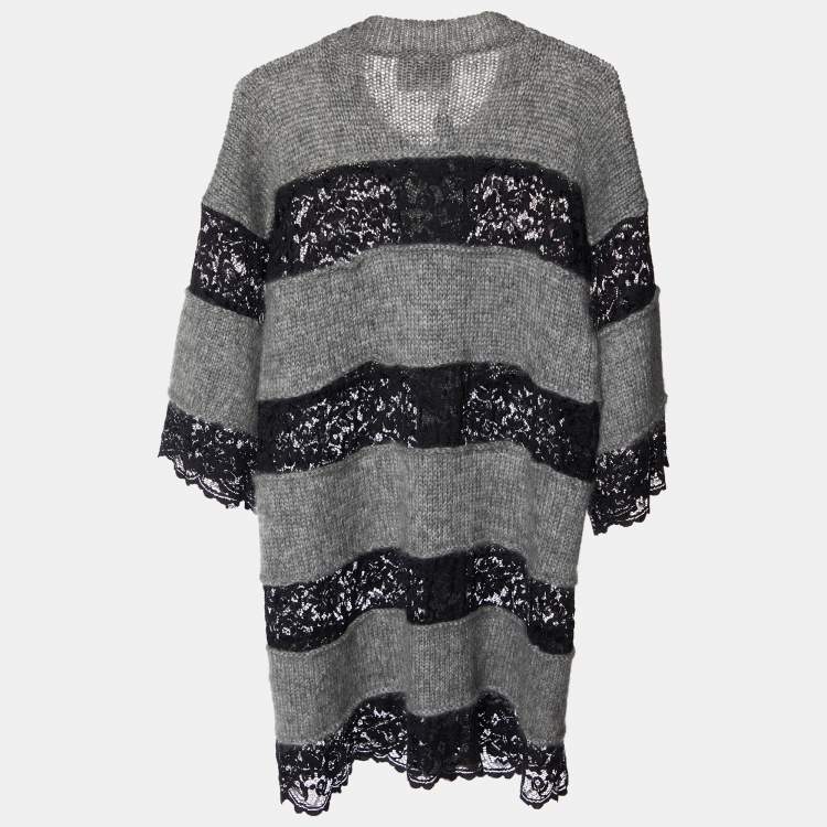 Pre Owned D&G Grey and Black Striped Lace Knit Cardigan M