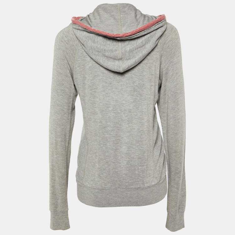 Pre Owned D&G Grey Cotton Knit Contrast Velvet Detail Zip Front Hoodie L
