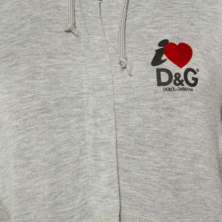 Pre Owned D&G Grey Cotton Knit Contrast Velvet Detail Zip Front Hoodie L