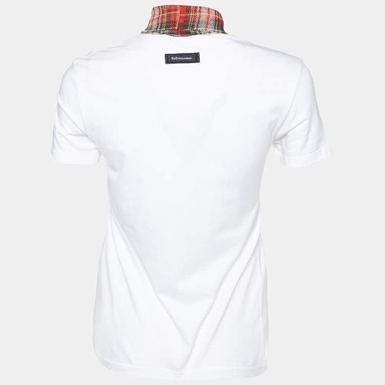 Pre Owned D&G White Silk Scarf Trim Cotton Buttoned T-Shirt S