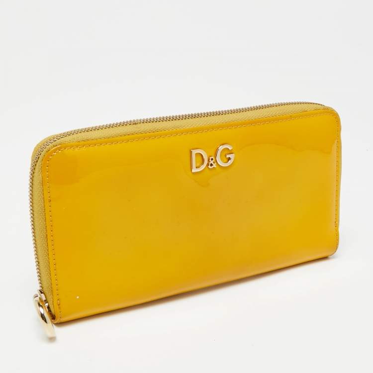 Pre Owned D&G Yellow Patent Leather Zip Around Wallet