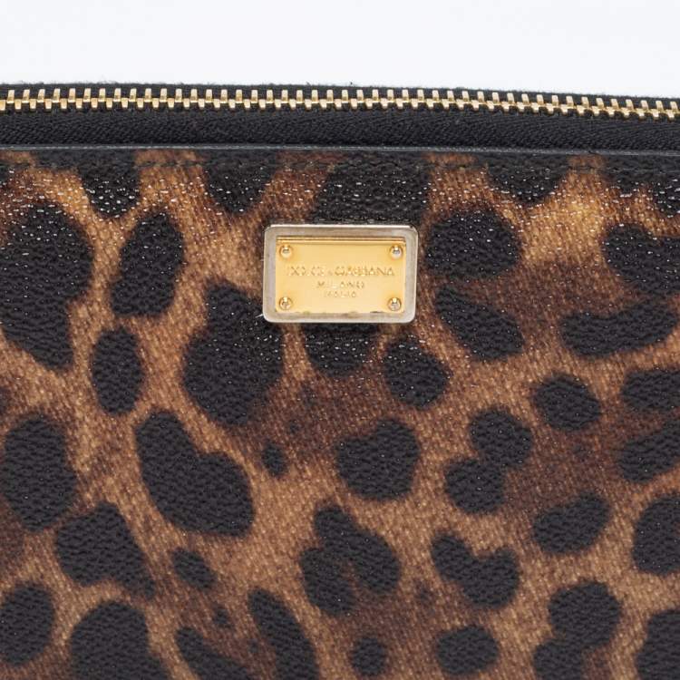 Pre Owned Dolce & Gabbana Beige/Brown Leopard Print Coated Canvas Zip Around Wallet