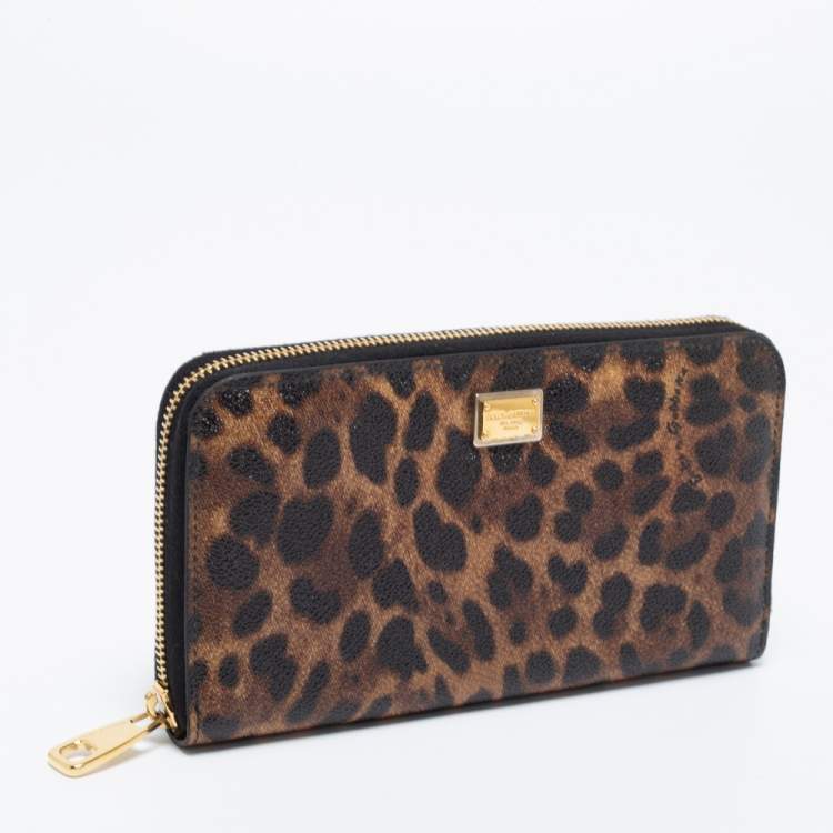 Pre Owned Dolce & Gabbana Beige/Brown Leopard Print Coated Canvas Zip Around Wallet
