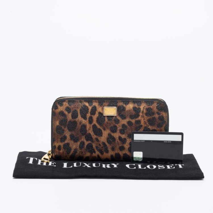 Pre Owned Dolce & Gabbana Beige/Brown Leopard Print Coated Canvas Zip Around Wallet